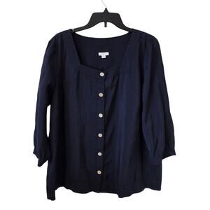 J Jill Womens 3/4 Sleeve Button Down Square Neck Blouse Size XL Navy Blue